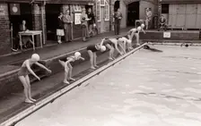 Swimming race, Yearsley Baths, York, Yorkshire, 1956