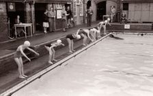 Swimming race, Yearsley Baths, York, Yorkshire, 1956