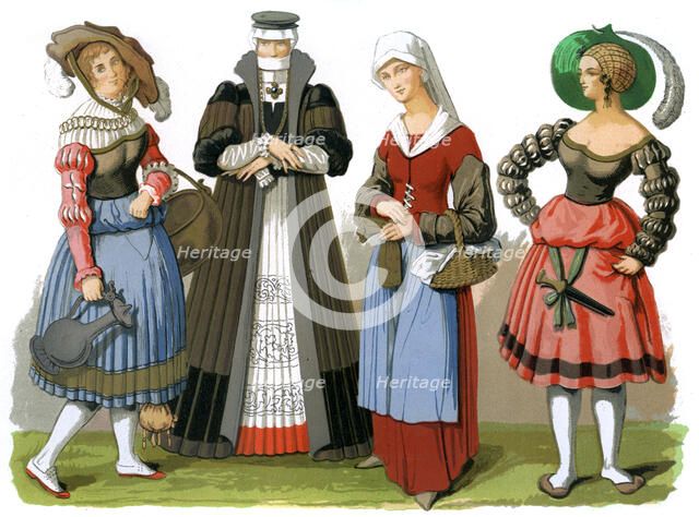 Swiss costumes, 15th-16th century (1849).Artist: Edward May