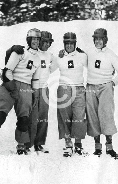 Swiss four man bobsleigh team, Winter Olympic Games, Garmisch-Partenkirchen, Germany, 1936. Artist: Unknown