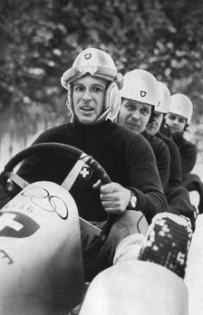 Swiss four man bobsleigh team, Winter Olympic Games, Garmisch-Partenkirchen, Germany, 1936
