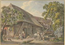 Swiss house, by the fountain a farmer with a white horse on which a boy is riding, 1798. Creator: Sigmund Freudenberger