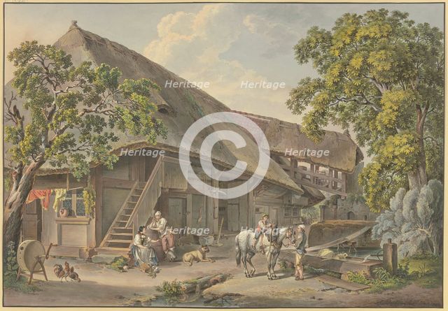 Swiss house, by the fountain a farmer with a white horse on which a boy is riding, 1798. Creator: Sigmund Freudenberger.