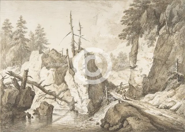 Swiss mountain landscape with small bridge spanning a brook, 1751-81. Creator: Franz Schutz.