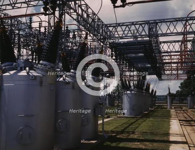 Switch yard at TVA's Wilson Dam hydroelectric plant, vicinity of Sheffield, Ala., 1942. Creator: Alfred T Palmer.