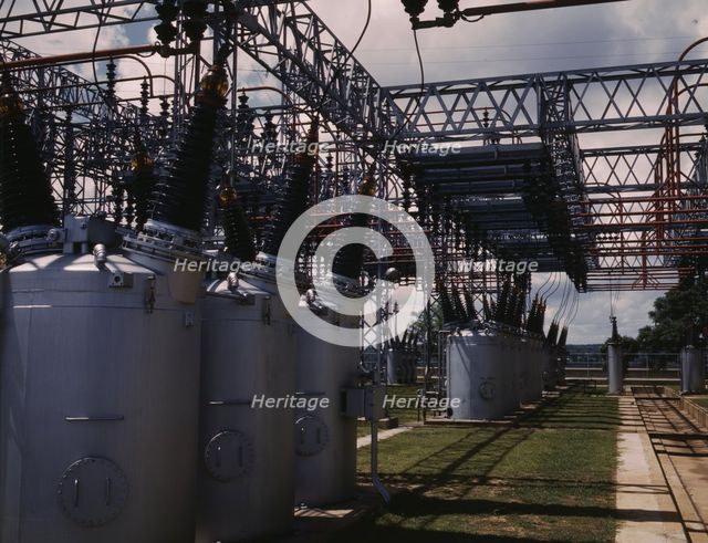 Switch yard at TVA's Wilson Dam hydroelectric plant, vicinity of Sheffield, Ala., 1942. Creator: Alfred T Palmer.