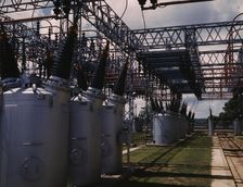 Switch yard at TVA's Wilson Dam hydroelectric plant, vicinity of Sheffield, Ala., 1942. Creator: Alfred T Palmer
