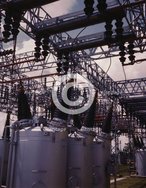 Switchyard at TVA's Wilson Dam hydroelectric plant, vicinity of Sheffield, Ala., 1942. Creator: Alfred T Palmer.