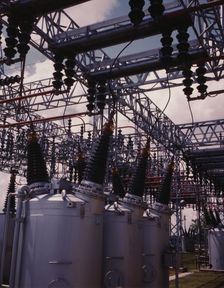 Switchyard at TVA's Wilson Dam hydroelectric plant, vicinity of Sheffield, Ala., 1942. Creator: Alfred T Palmer