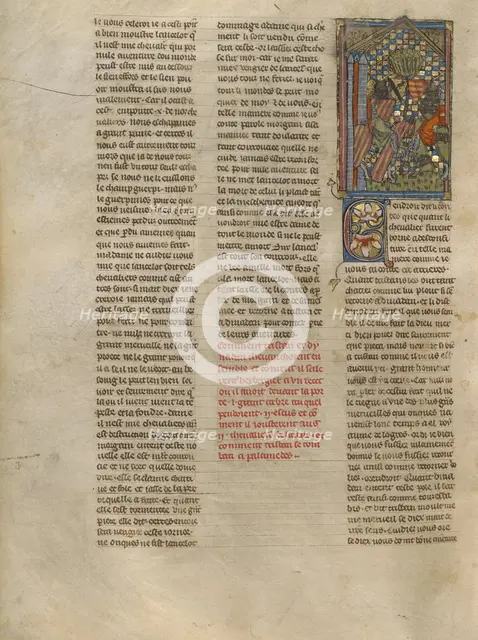 Sword Fight between Tristan and Palamedes by the Tree with Two Shields, about 1320-1340. Creator: Jeanne de Montbaston.