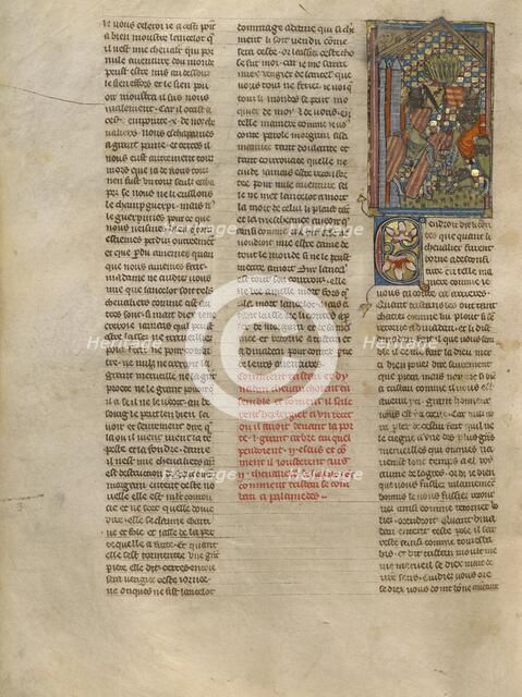 Sword Fight between Tristan and Palamedes by the Tree with Two Shields, about 1320-1340. Creator: Jeanne de Montbaston.