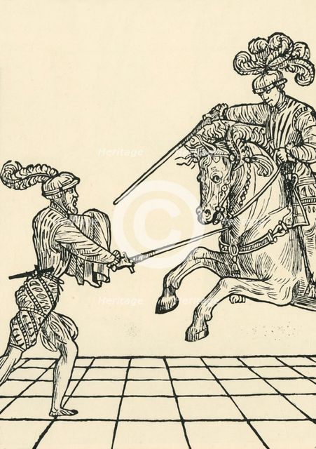 Sword fight between foot-soldier and knight, c1536, (1903). Creator: Unknown.