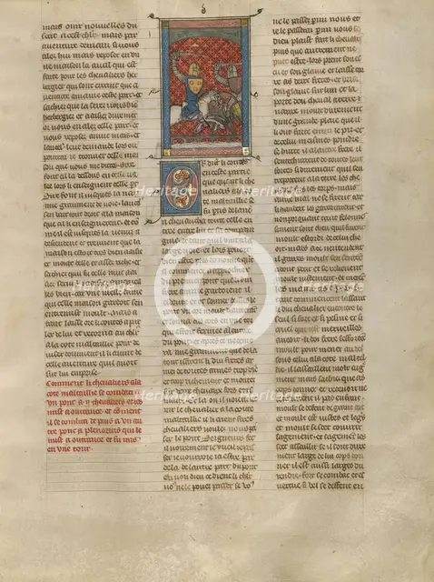 Sword Fight between Knight à la cote mal taillée and Two Knights on a Bridge, about 1320-1340. Creator: Unknown.