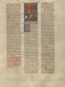 Sword Fight between Knight à la cote mal taillée and Two Knights on a Bridge, about 1320-1340. Creator: Unknown