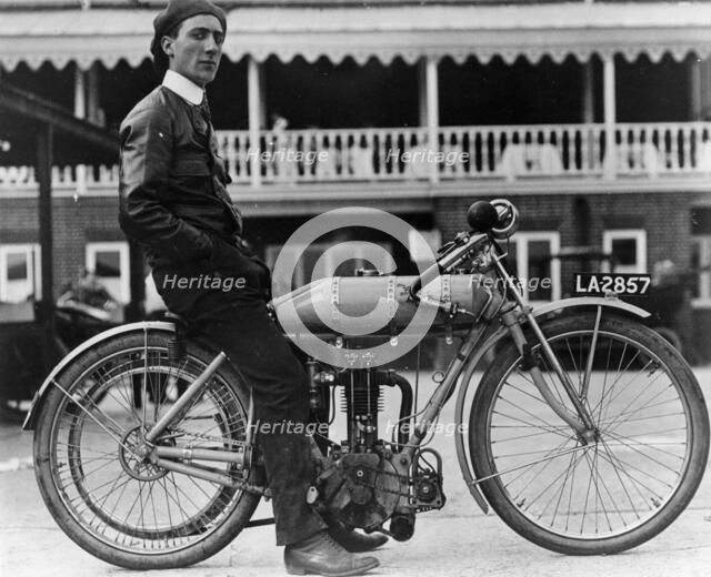 Syd Justien Tessier, on a 1910 Bat 3.5 Litre bike, (1910?). Artist: Unknown