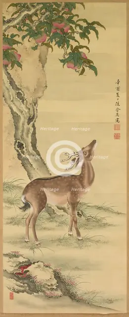 Symbols of Longevity: Deer under Peach and Pine , 1801. Creator: Toda Tadanaka (Japanese, 1761-1823).