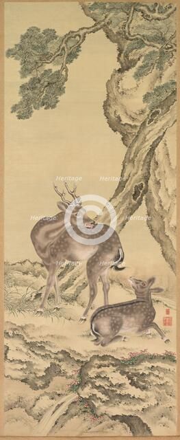Symbols of Longevity: Deer under Peach and Pine (Peach) (left), 1801. Creator: Toda Tadanaka (Japanese, 1761-1823).