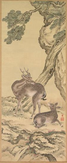Symbols of Longevity: Deer under Peach and Pine (Peach) (left), 1801. Creator: Toda Tadanaka (Japanese, 1761-1823)