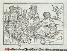 Syrian Vineyard Workers Pausing for a Meal (recto); Text with Table (verso), published 1486. Creator: Erhard Reuwich