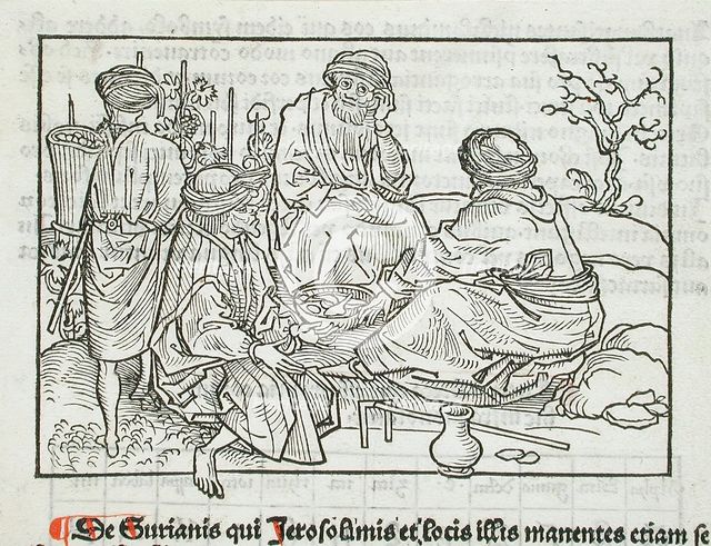 Syrian Vineyard Workers Pausing for a Meal (recto); Text with Table (verso), published 1486. Creator: Erhard Reuwich.