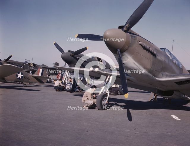 P-51 ("Mustang") fighter planes being prep...North American Aviation, Inc, Inglewood, Calif., 1942. Creator: Alfred T Palmer.