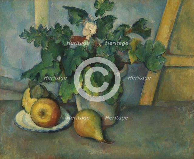 Pot of Primroses and Fruit, c. 1889. Creator: Cézanne, Paul (1839-1906).