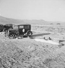 Potato workers camp, no tents, waiting for..., Outskirts of Merrill, Klamath County, Oregon, 1939. Creator: Dorothea Lange