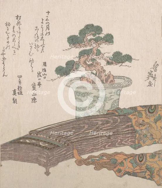 Potted Pine Tree and Koto (Japanese Harp), 19th century. Creator: Ikeda Eisen.