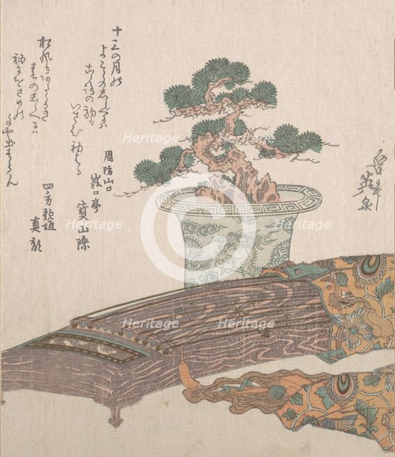 Potted Pine Tree and Koto (Japanese Harp), 19th century. Creator: Ikeda Eisen.