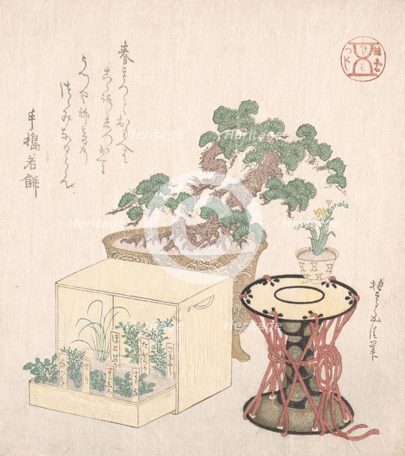 Potted Pine Tree, Drum and Seven Herbs Planted in a Box, 18th-19th century., 18th-19th century. Creator: Sunayama Gosei.