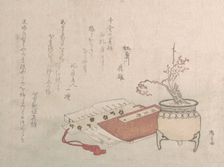 Potted Plum Tree in Blossom and Books, 19th century., 19th century. Creator: Shinsai