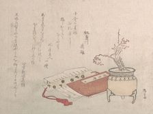Potted Plum Tree in Blossom and Books, 19th century., 19th century. Creator: Shinsai