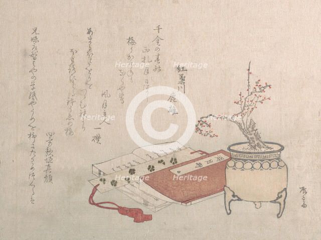 Potted Plum Tree in Blossom and Books, 19th century., 19th century. Creator: Shinsai.
