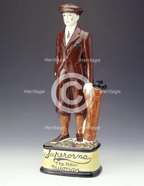 Pottery figure of a golfer advertising Superorna tailoring, 1920s. Artist: Unknown