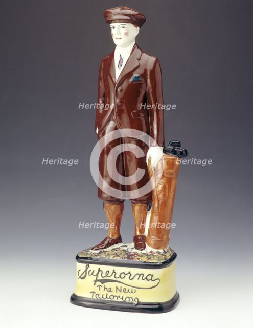 Pottery figure of a golfer advertising Superorna tailoring, 1920s. Creator: Unknown.