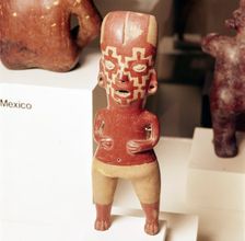 Pottery Figure of standing woman, face painted with fret pattern, Guanajuato, Mexico, 2000BC-300