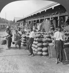 Pottery shop on a street in Mandalay, Burma, 1908. Artist: Stereo Travel Co