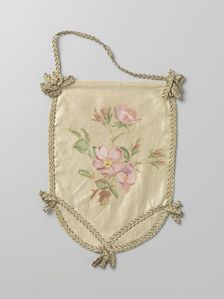 Pouch of ivory-coloured satin with pink flowers, c.1880-c.1890. Creator: Anon