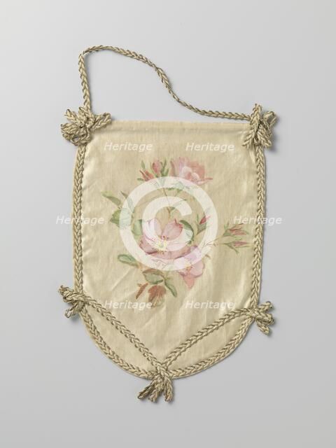Pouch of ivory-coloured satin with pink flowers, c.1880-c.1890.  Creator: Anon.
