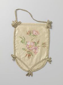 Pouch of ivory-coloured satin with pink flowers, c.1880-c.1890. Creator: Anon
