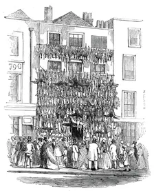 Poulterer's shop, Holborn-Hill, 1845. Creator: W. J. Linton