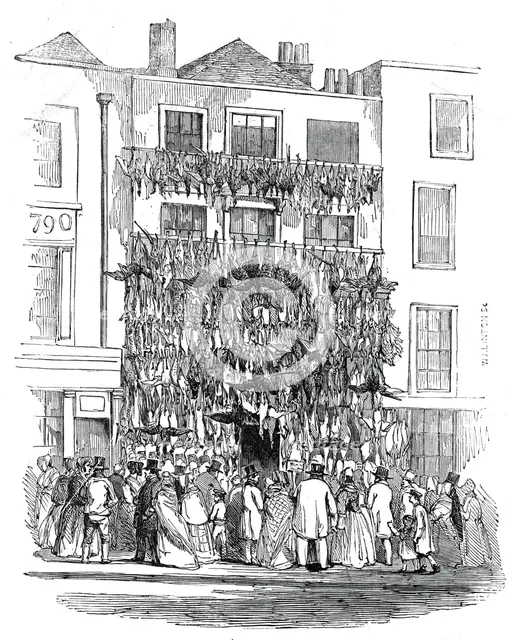 Poulterer's shop, Holborn-Hill, 1845. Creator: W. J. Linton.