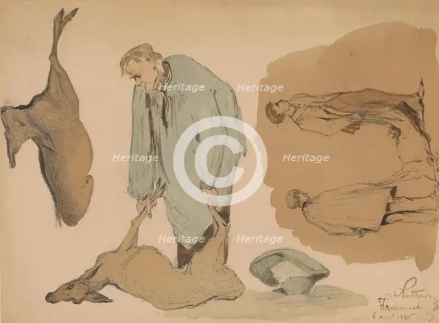 Poulterers with dead deer, 1864. Creator: Johannes Tavenraat.