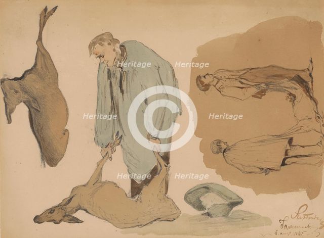 Poulterers with dead deer, 1864. Creator: Johannes Tavenraat.