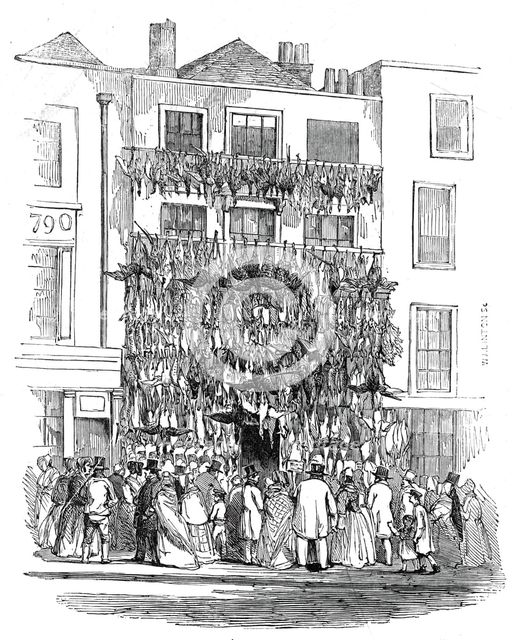 Poulterer's shop, Holborn-Hill, 1845. Creator: W. J. Linton.