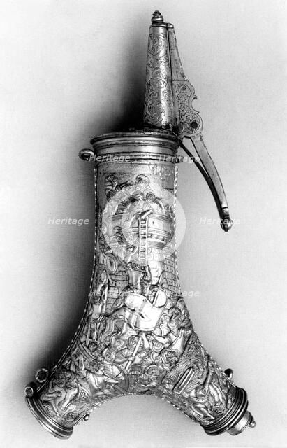 Powder Flask with Bullet Box, Clock, Compass, and Sundial, German, ca. 1570-1600. Creator: Unknown.