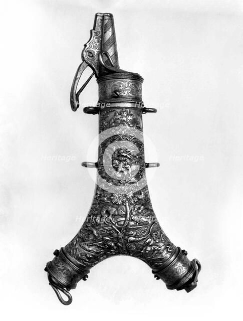 Powder Flask with Spanner, Primer, and Bullet Compartment, German, late 16th century. Creator: Unknown.