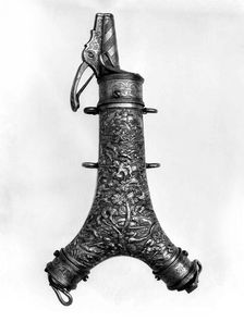 Powder Flask with Spanner, Primer, and Bullet Compartment, German, late 16th century. Creator: Unknown