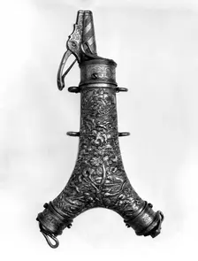 Powder Flask with Spanner, Primer, and Bullet Compartment, German, late 16th century. Creator: Unknown