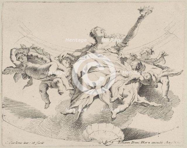 Power, represented by a woman seated on clouds holding a crown and surrounded by putti,..., 1725-75. Creator: Carlo Innocenzo Carloni.